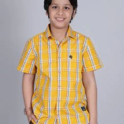 Cantabil Boys Yellow Cotton Checked Shirt-image-1
