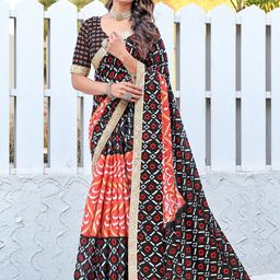 KALINI Geometric Block Printed 1-Minute Ready to Wear Mulmul Cotton Saree With Blouse-4