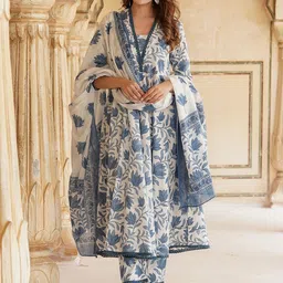 THE FAB FACTORY Floral Printed V-Neck Anarkali Kurta With Trousers & Dupatta-image-13