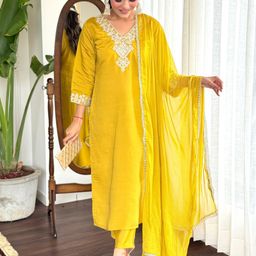KALINI Floral Embroidered V-Neck Chanderi Silk Straight Kurta With Trousers & Dupatta-2