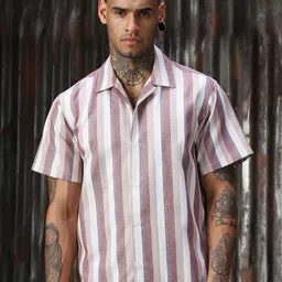 High Star Men Classic Cuban Collar Vertical Striped Cotton Relaxed Fit Casual Shirt-image-78