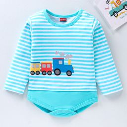 Babyhug 100% Cotton Full Sleeves Onesie Stripes & Train Print- Blue-image-82