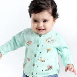 Babyoye Eco-Conscious 100% Cotton Full Sleeves Front Open Sweater Floral Design - Light  Blue-picture-27