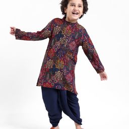 Babyhug Rayon Full Sleeves All Over Printed Dhoti Kurta Set - Navy Blue-image-50
