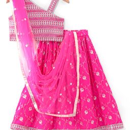Babyhug Woven Sleeveless Choli Lehenga & Dupatta Set With Floral Printed With Embroidered - Fuschia-image-11