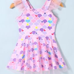 Kookie Kids Frill Sleeves Frock Swimsuit with Star & Heart Print -  Multicolour-image-65