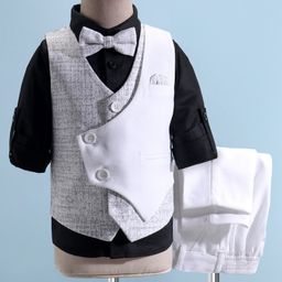 Robo Fry Cotton Woven Full Sleeves Party Suit With Bow & Waist Coat - White-image-88