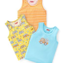 Babyhug 100% Cotton Knit Sleeveless Sandos Striped Animal & Bus Print Pack of 3 - Multicolour-image-5