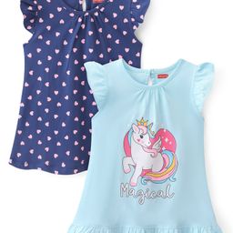 Babyhug Cotton Knit Single Jersey Frill Sleeves Nighty With Heart & Unicorn Print Pack Of 2 - Navy Blue-image-30