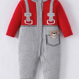 Kookie Kids Full Sleeves Winter Wear Front Open Hooded Romper with Teddy Print- Red-image-50