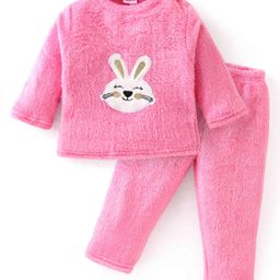 Babyhug Velour Knit Full Sleeves Winter Night Suit With Cute Bunny Patch - Pink-image-73