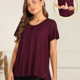 Zelena Half Sleeves Solid Extra Stretchable Zipless Maternity Top - Burgundy-picture-13