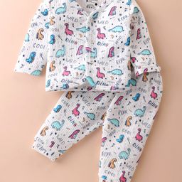 Bodycare Cotton Full Sleeves Front Open Winter Wear Thermal Set with Dino Print - Off White-image-97