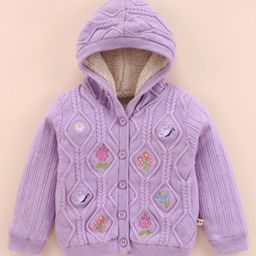 Yellow Apple Viscose Knit Full Sleeves Hooded Front Open Sweater With Cable Knit Design & Floral Embroidery - Lilac-image-99
