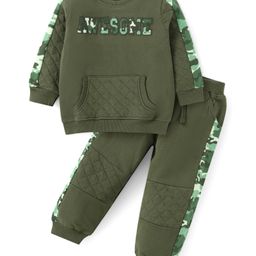Babyhug Terry Knit Full Sleeves T-Shirt & Cut & Sew Designed Lounge Pant Set with Kangaroo Pockets & Text Embroidery - Dark Green-image-29