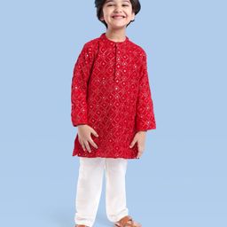Babyhug Woven Velvet Full Sleeves Sequin Embroidered Kurta Pyjama Set - Red-picture-27