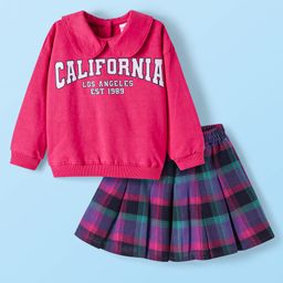 Babyhug Terry Knit Full Sleeves Top & Checkered Skirt Set With Text Print & Peter Pan Collar - Dark Pink-image-98