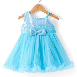 Babyhug Woven Sleeveless Party Dress With Sequinned Yoke & Bow Applique - Light Blue-image-57