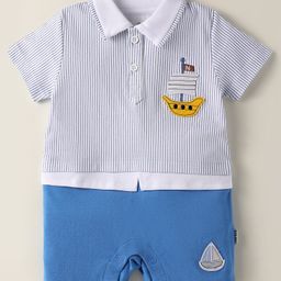 Child World Interlock Knit Half Sleeves Striped Romper with Ship Patch - Blue-image-48