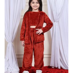 NEUDIS Fleece Full Sleeves Solid Top & Joggers With Shrug Set - Maroon-picture-38