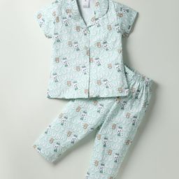 Smarty Girls 100% Cotton Half Sleeves Co-Ord Night Suit With Bunny & Text Print - Aqua Blue-image-77