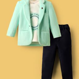 Dapper Dudes Full Sleeves Ribbed Blazer With Abstract Printed Tee & Pant Set - Pista-image-23