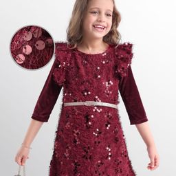 Hola Bonita Knit Long Sleeves Velvet Long Inner Tee with Sequinned Party Dress With Belt- Maroon-picture-4