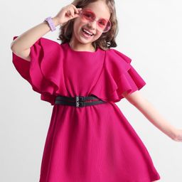 Hola Bonita Knit Half Flutter Sleeves Ribbed Fabric Solid Frock With Belt - Pink-image-86