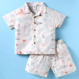 ToffyHouse Cotton Woven Half Sleeves Shorts Co-Ord Night Suit With Sea Animals Print - White-image-33