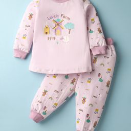 Pink Rabbit Single Jersey Knit Full Sleeves Night Suit with Farm Print - Light Purple-image-43
