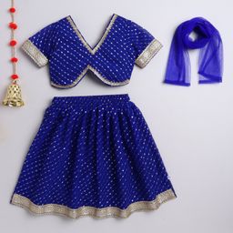 Many frocks & Georgette Woven Half Sleeves Foil Printed & Lace Embellished Lehenga Choli With Dupatta Set - Blue-image-34