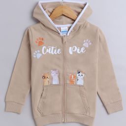 BUMZEE Cotton Looper Knit Full Sleeves Cat Printed Sweat Jacket With Hood & Kangaroo Pockets - Beige-image-36