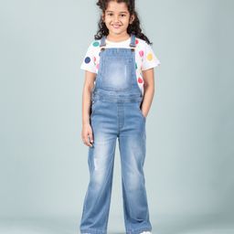 tweeny mini Denim Woven Mild Washed & Distressed Dungaree With Half Sleeves Polka Dots Printed Tee - Blue-image-65