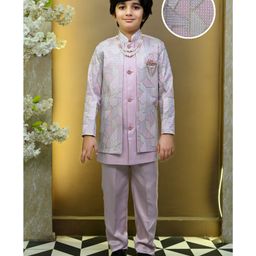 BT DEZINES Satin Woven Full Sleeves Abstract Embroidered Sequins & Pearls Embellished Sherwani Trousers With Mala Set - Lilac-image-43