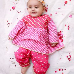KID1 Cotton Woven Full Sleeves Leheriya & Bandhani Designed Gota Lace Embellished Kurti Pant Set - Pink-image-94