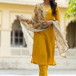 HERE&NOW Floral Yoke Design V-Neck Thread Work Straight Kurta With Trousers & Dupatta-image-74