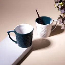 Storepedia Green & White 4 Pieces Textured Ceramic Glossy Cups 150ml Each image 5
