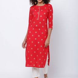 Vishudh Women Red & Gold-Toned Printed Straight Kurta-picture-6