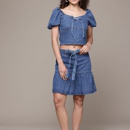The Roadster Lifestyle Co. Tie-Up Detail Pure Cotton Denim Crop Top with A-Line Skirt-picture-36