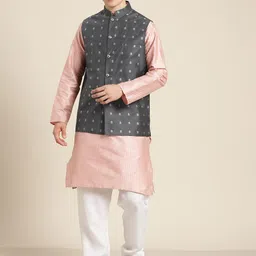 SOJANYA Men Pink Striped Kurta with Pyjamas  & Nehru Jacket-picture-1