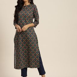 Sangria Women Navy Blue & Red Motifs Regular Cotton Straight Kurta with Trousers-23
