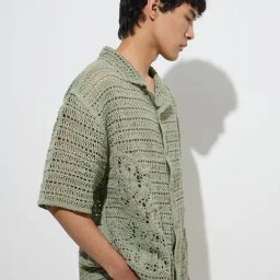 ETA by Westside Dark Sage Crochet-Knitted Relaxed-Fit Shirt-image-37