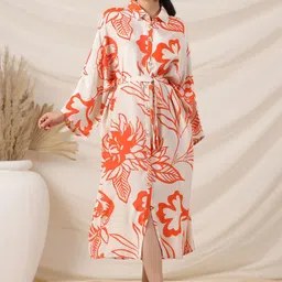 JISORA Women Orange Floral Printed Russian Silk A-Line Midi Dress With Belt-picture-24