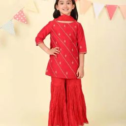 Fabindia Kids Red Regular Fit Embroidered Kurta & Pant & Dupatta-image-11