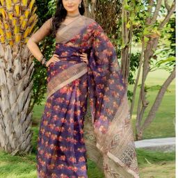 Mirchi Fashion Purple Kota Doria/Polyester Floral Saree With Unstitched Blouse-image-97
