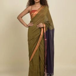 Suta Olive Green & Blue Pure Cotton Zari Work Saree Without Blouse-image-1