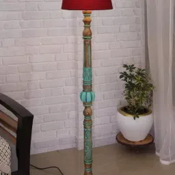 Homesake Rustic Green Wooden Royal Carving Floor Lamp with Red Shade - Set of 1-image-77