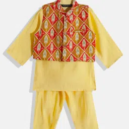 READIPRINT FASHIONS Kids Yellow & Red Printed Full Sleeves Kurta, Nehru Jacket with Pyjamas-image-89