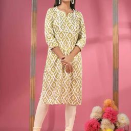 CHARUKRITI Yellow & White Cotton Printed Straight Kurta-image-83
