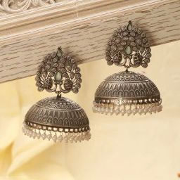 Saraf RS Jewellery Statement Silver Oxidised Pearl Beaded Filigree Tribal Jhumki Earring-35